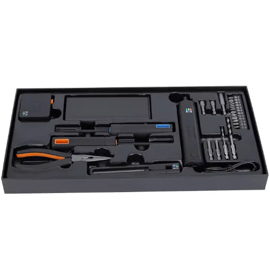 professional multi-tool set in a sleek black case. Designed for essential household and workshop tasks, it includes a versatile range of tools like pliers, screwdrivers, and multiple bits and sockets for all-around utility.