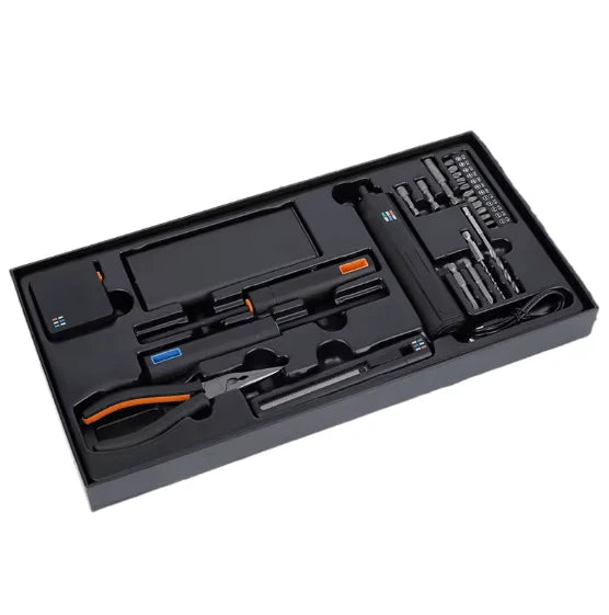professional multi-tool set in a sleek black case. Designed for essential household and workshop tasks, it includes a versatile range of tools like pliers, screwdrivers, and multiple bits and sockets for all-around utility.