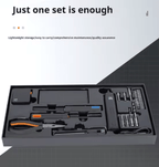professional multi-tool set in a sleek black case. Designed for essential household and workshop tasks, it includes a versatile range of tools like pliers, screwdrivers, and multiple bits and sockets for all-around utility.